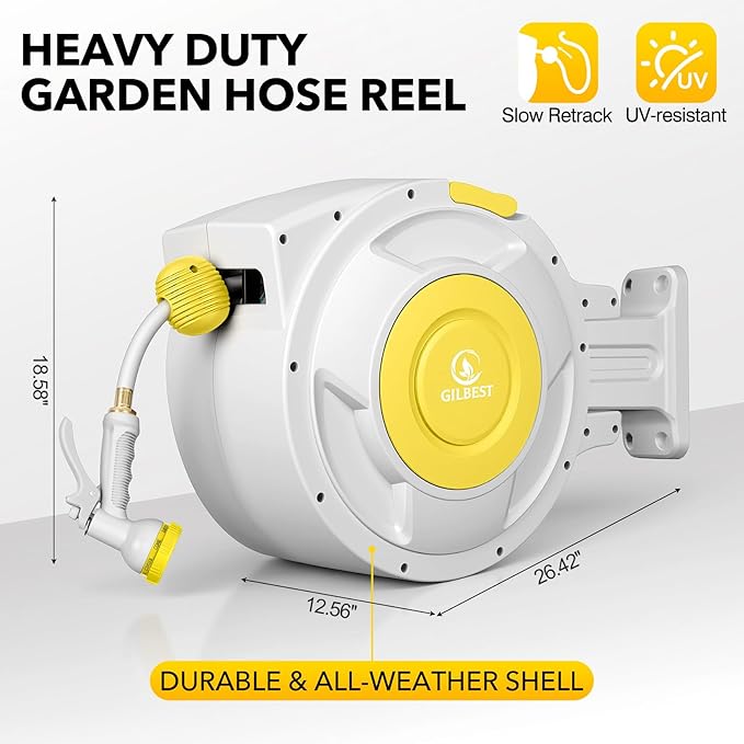 130 ft x 1/2" Retractable Garden Hose Reel, Heavy Duty Water Hose Reel Wall Mounted, Any Length Lock, 180°Swivel, Water Hose with 8-Function Nozzle for Cleaning, Watering (Yellow)