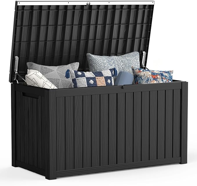Mars Villa 180 Gallon Outdoor Storage Box, Large Waterproof Resin Deck Box for Patio Furniture Cushions, Pool Supplies, Gardening Tools, Lockable Storage Container, Weatherproof, UV Resistant, Black