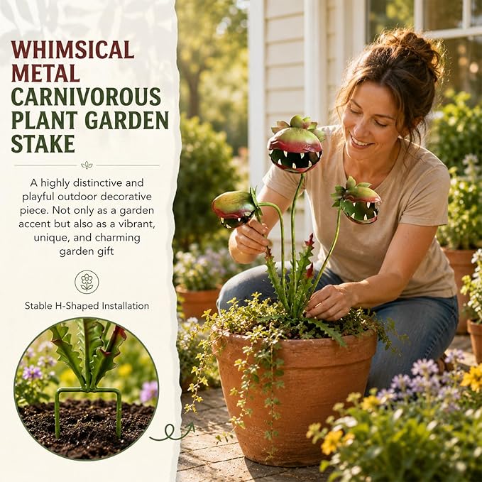 Whimsical Metal Carnivorous Plant Garden Stake, 25-inch Large Venus Flytrap Monster Plant Sculpture, Fun Outdoor Decorative Art Pieces for Lawns, Flower Pots, Flower Beds, Patios