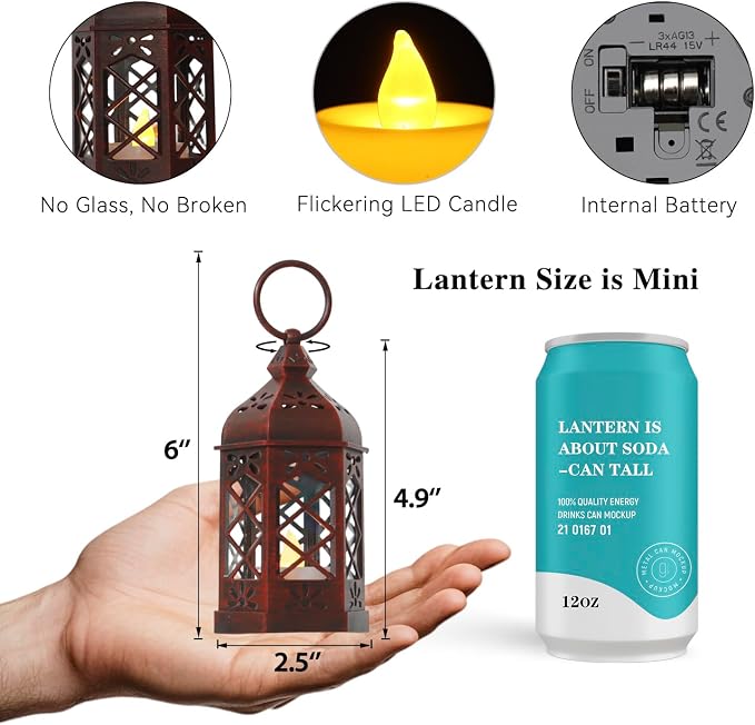 8-Pack Mini Lanterns for Ramadan, Wedding, Festivals, Small Decorative Lanterns with LED Candle for Baby Shower Party, Moroccan Lantern for Table Centerpiece, Medieval Decor, Red Brushed