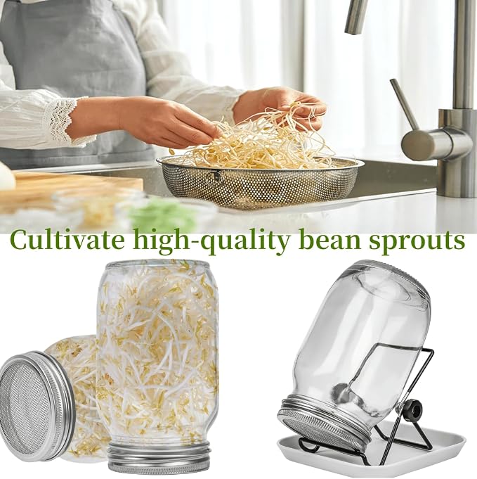 Lulonpon 4 Sprouting Jar Kit, Wide Mouth Quart Mason Jars with Stainless Steel Screen Sprout Lids, 86mm,1000ml,Stand,Tray and Canning Brush,Seed Sprouter Set for Growing Broccoli, Alfalfa, Mung Bean