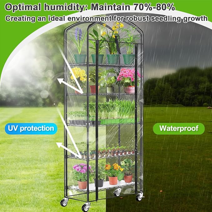 5-Tier Greenhouse with Caster Wheel, Each Shelf Height Adjustable Metal Plant Shelf with PVC Cover for Seed Starting Trays, Seedling Pots, Plant Pots, 13x29x73inch