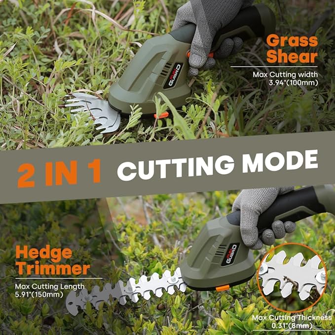 2-in-1 Cordless Hedge Trimmer & Grass Shear, Handheld Electric Shrub Trimmer with Rechargeable Battery and Type-C Cable for Garden, Yard and Lawn