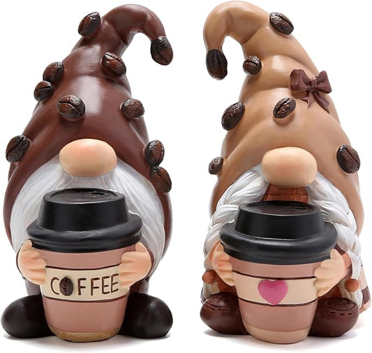 Hodao Coffee Gnome Figurines - Hand-Painted Resin Indoor Decor, Set of 2 Cute Cafe Bar Decorations, Perfect Shelves, Tiered Trays Ornaments, Ideal Gift for Coffee Lovers and Housewarming