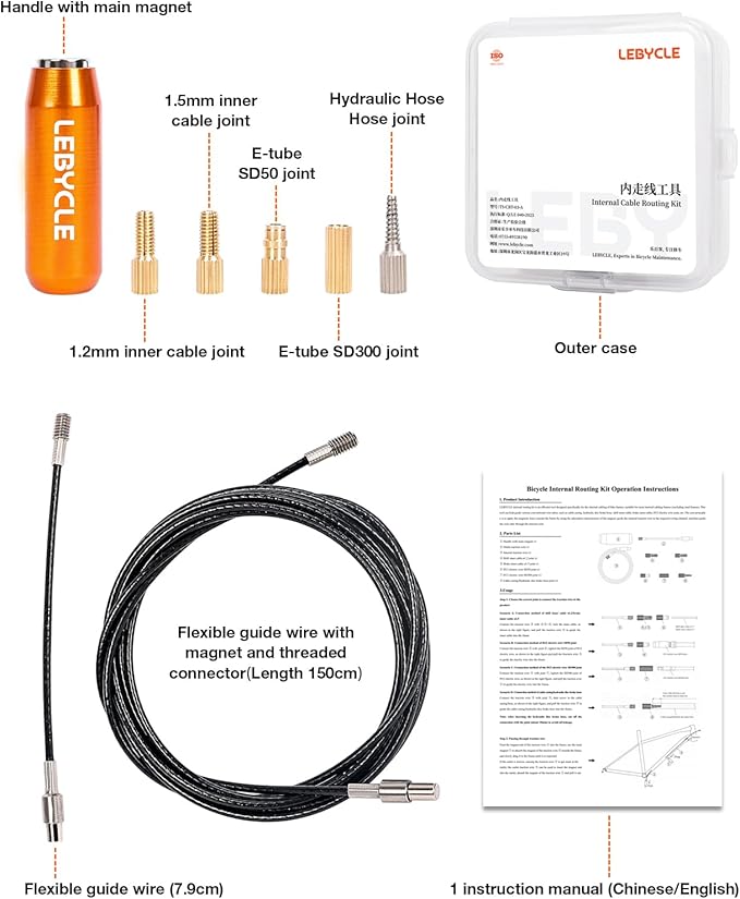 Internal Cable Routing Kit for Bike Frame, Magnetic Flexible Cable Guide Tool for Brake, Shift, and Di2 Lines (Orange)