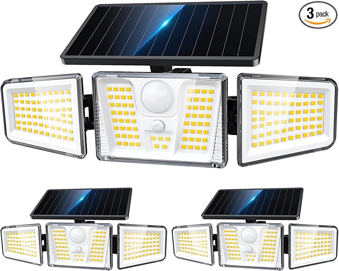 KOOPER Solar Flood Lights, 210 LED Motion Sensor Outdoor Lights, Solar Motion Lights Outdoor Waterproof, 3 Heads 300° Wide Angle Outdoor Security Lights for Yard Patio Garage Entryways, 3 Pack, Black
