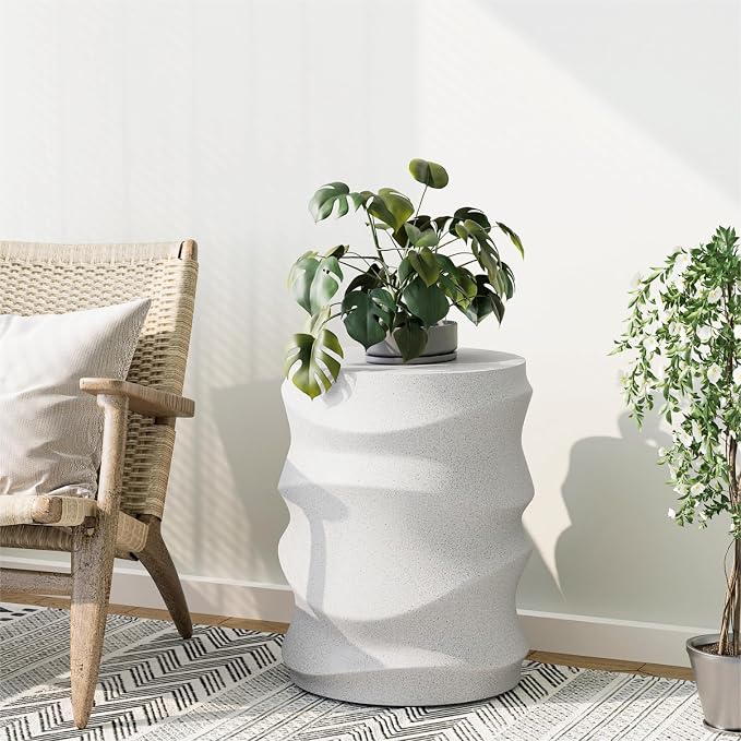 SUNBURY Outdoor Side Tables Set of 2, 18" H Concrete Accent End Table Streamlined, Small Round Cement Plant Stands Table, Decorative Garden Stools for Backyard, Spotted White