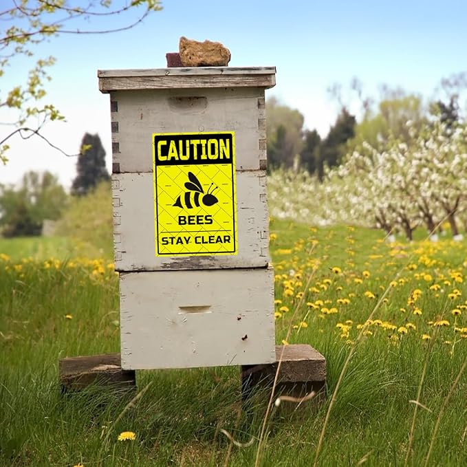 EMOHAT Caution Bees Stay Clear Metal Tin Sign, Farmhouse Retro Wall Decor for Outdoor Bees Premises,16x12 Inch Funny Warning Sign for Farm Cafe People Cave