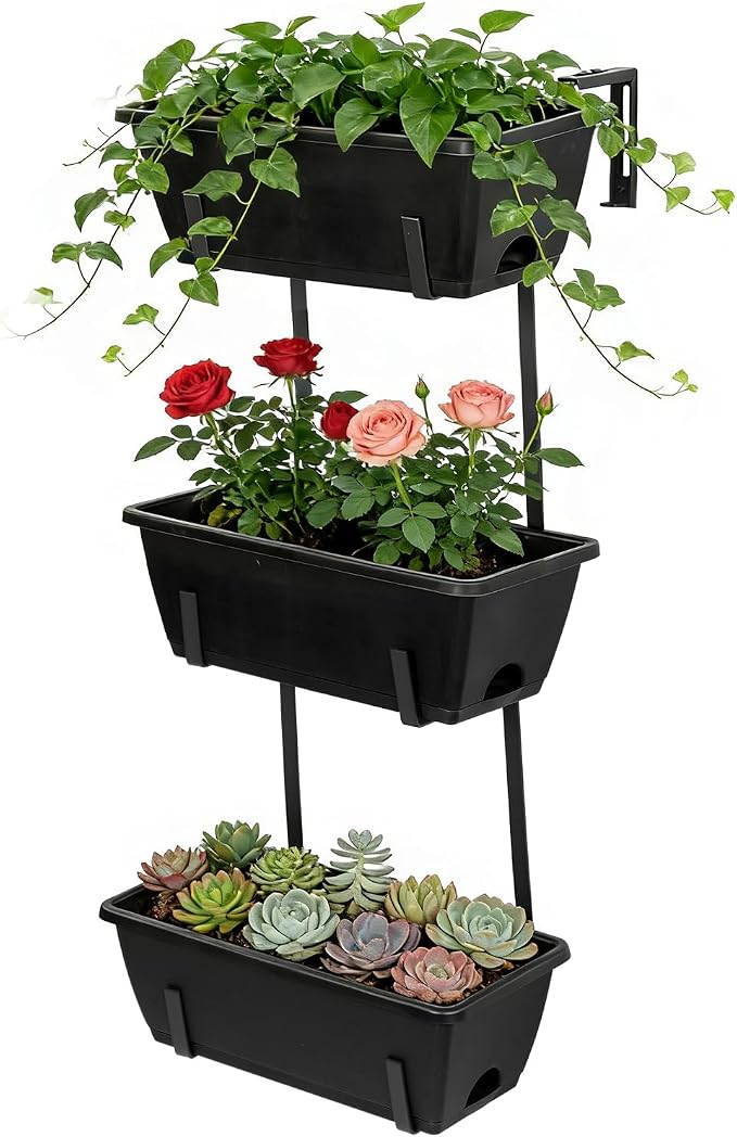 OYEAL Railing Planter Box 3 Tier Vertical Window Boxes Planter Outdoor with Adjustable Brackets & Rectangular Flower Pots Deck Railing Hanging Flower Pots for Patio, Lawn, Porch, Balcony Decor, Black