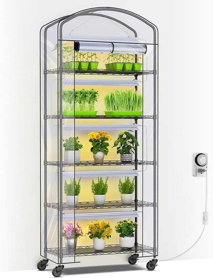 5-Tier Greenhouse with Grow Light, Shelf Height Adjustable Metal Plant Shelf with PVC Cover and Wheels, Includes 5-Pack 2900K Full Spectrum Plant Lights, 13x29x73inch