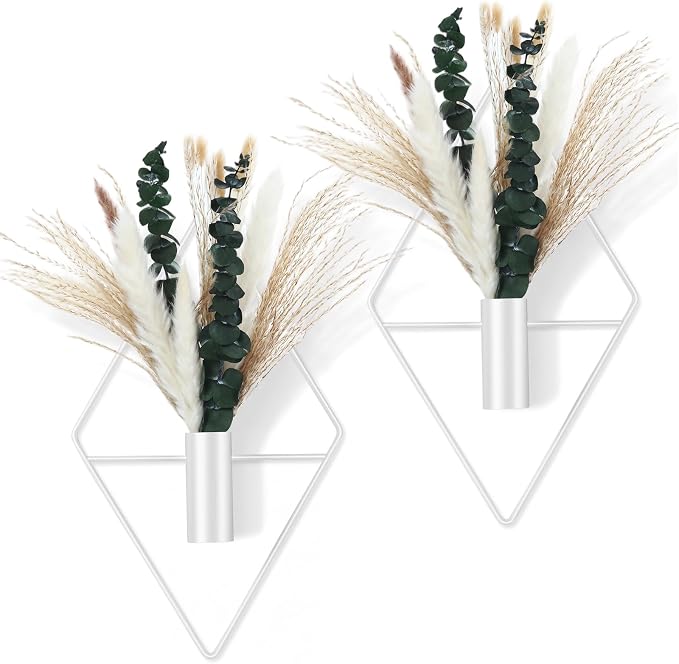 Canlierr 4 Pcs White Wall Decor Hanging Planters with Artificial Plants Eucalyptus Pampas Grass Metal Hanging Vase Indoor Plants Holder Modern Boho Wall Art for Bathroom Bedroom Living Room Decor