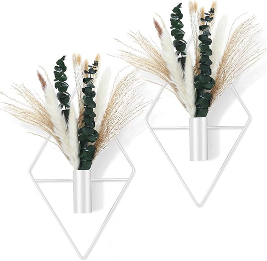Canlierr 4 Pcs White Wall Decor Hanging Planters with Artificial Plants Eucalyptus Pampas Grass Metal Hanging Vase Indoor Plants Holder Modern Boho Wall Art for Bathroom Bedroom Living Room Decor