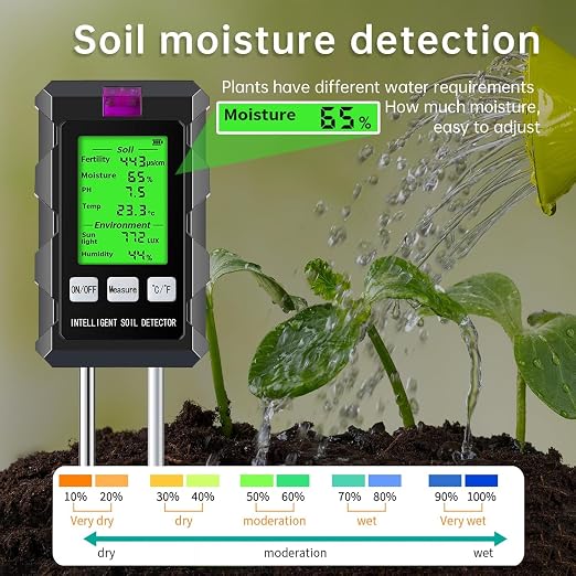 Soil Test Kit, 6-in-1 Soil Moisture, PH, Fertility Meter with Digital Soil Temp, Air Temp and Humidity, Dual Screen Tester for Plants, Lawn, Farm, Indoor and Outdoor(2*AAA Battery Needed)
