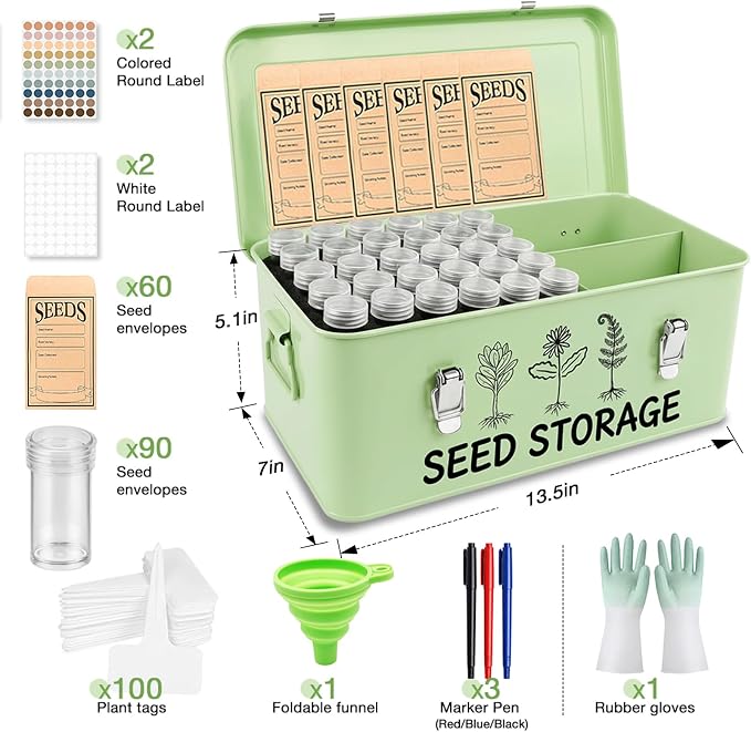 Metal Seed Storage Box Organizer with 3 Compartments, Safety Lock Lid Bin Seed Bottles Envelopes, Plant Labels, Foldable Funnel Gloves,Portable All-in-One Seed Saving Tin for Gardeners Beginners