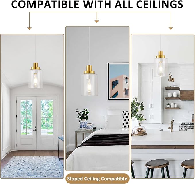 Industrial Pendant Lighting, Modern Clear Glass Shade Pendant Lights, Adjustable Hanging Light Fixtures, Farmhouse Pendant Lighting for Kitchen Island Living Room Bedroom Hallway 3-Pack (Gold)