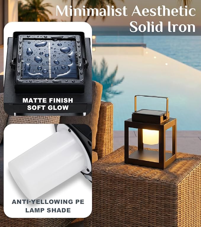 Solar Lanterns Outdoor Waterproof, Portable Outdoor Table Lamp with Handle, 3-Way Dimmable Soft Warm LED Light, Dual USB/Solar Charging Hanging Lantern for Patio BBQs, Camping, Emergency Use