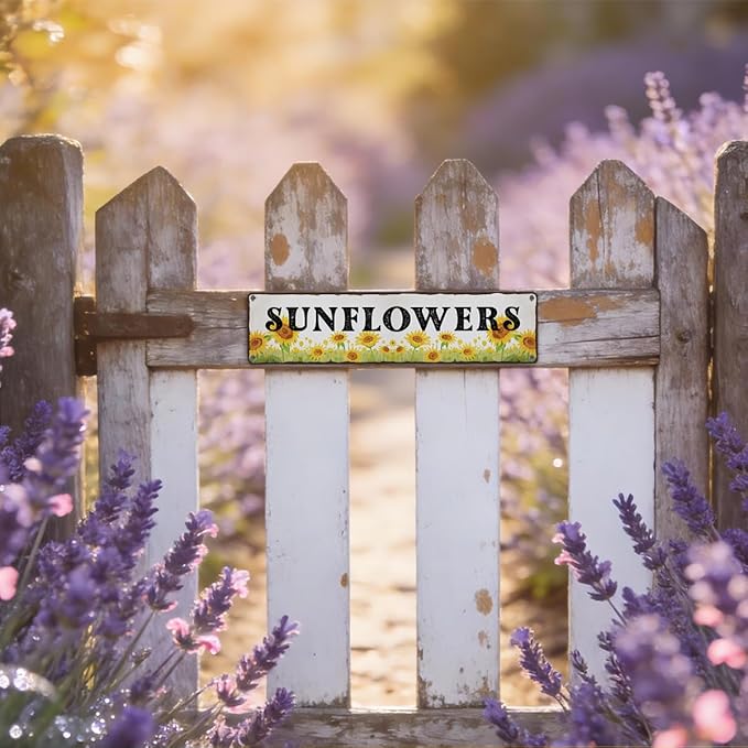 Garden Metal Tin Sign, Vintage Sunflower Decor, Rustic Farmhouse Floral Wall Art, for Gardens Yard Fence Door, Spring Summer Garden Decoration, 15.7 x 3.9 Inches