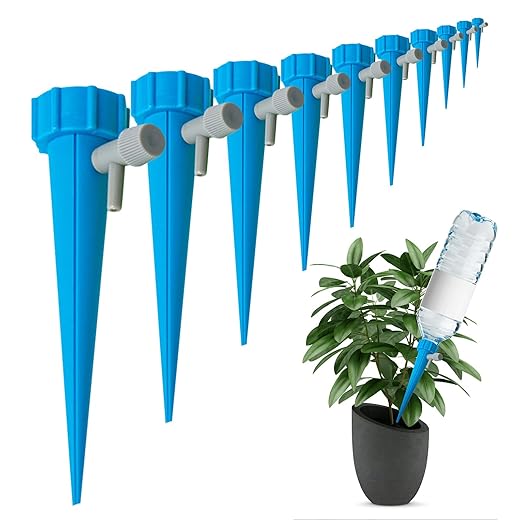 10 Pack Plant Watering Devices - Self Watering Planter Insert Spikes with Adjustable Valve, Automatic Watering Bulbs for Indoor & Outdoor Pots, Vacation Plant Watering System