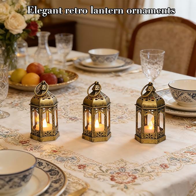 Mini Moroccan Lanterns with Flicker LED Candles Set of 12, Gold Vintage Decorative Hanging Lanterns for Ramadan, Christmas, Halloween, Wedding, Party, Table Centerpiece, ABS Plastic and Glass