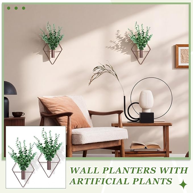 Canlierr 2 Pieces Wall Decor Hanging Planters with Artificial Plants Metal Hanging Vase Indoor Plants Holder Modern Boho Wall Art for Bathroom Bedroom Living Room Decor(Eucalyptus, Bronze)