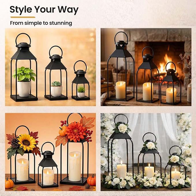 Decorative Metal Lanterns Indoor Outdoor, Set of 3 Farmhouse Lantern Holders Without Candles for Porch, Patio, Fireplace, Floor, Wedding & Holiday Table Centerpiece (Black, 20" 15.7" 12")