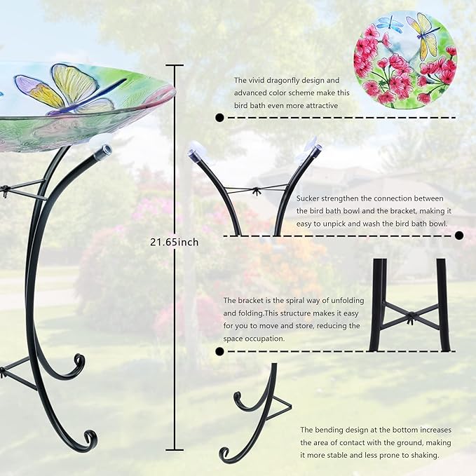 MUMTOP Bird Bath-Bird Baths for Outdoors - Dragonfly Large Bird Bath Bowl with Metal Stand, Glass BirdBaths for Garden Lawn Yard Decor