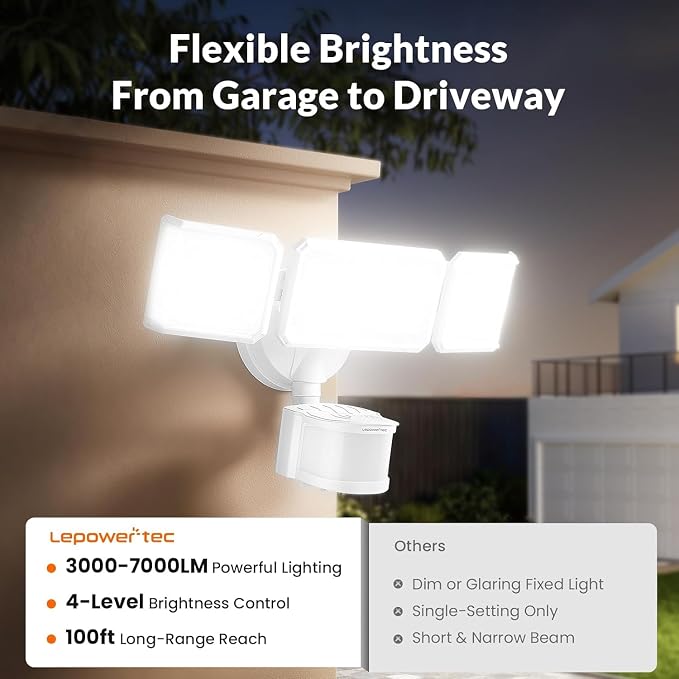 LEPOWER-TEC Zero Blind Spots Outdoor Security Light with 240° & 100ft Dual PIR Motion Sensor, 7000LM Adjustable Flood Light Brightness for Garage Driveway, Dusk to Dawn, IP65, Easy Hardwired Install