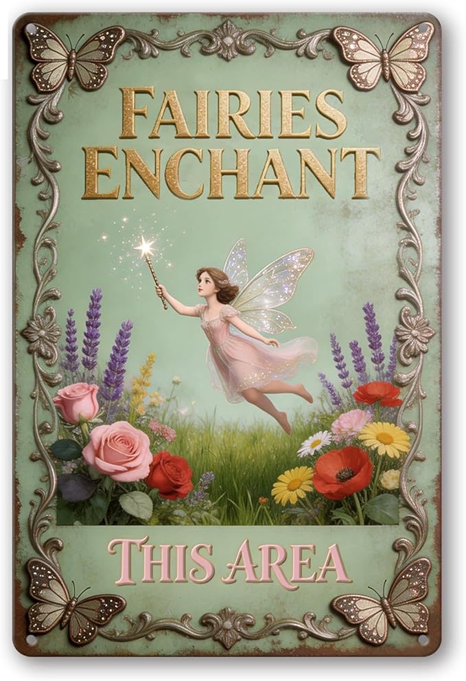 2D Flat Funny Garden Signs, Fairies Enchant This Area Vintage Garden Decor, Outdoor Wall Decor for Patio Yard Greenhouse Home, Waterproof Garden Gifts 8x12 Inch