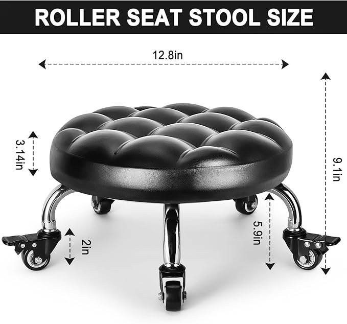 FLOLXNB Low Rolling Stool, Low Stool with Wheels, PU Leather Low Roller Seat Chair, Rolling Seat Stool for Home Office Garage Shop (Style 1)