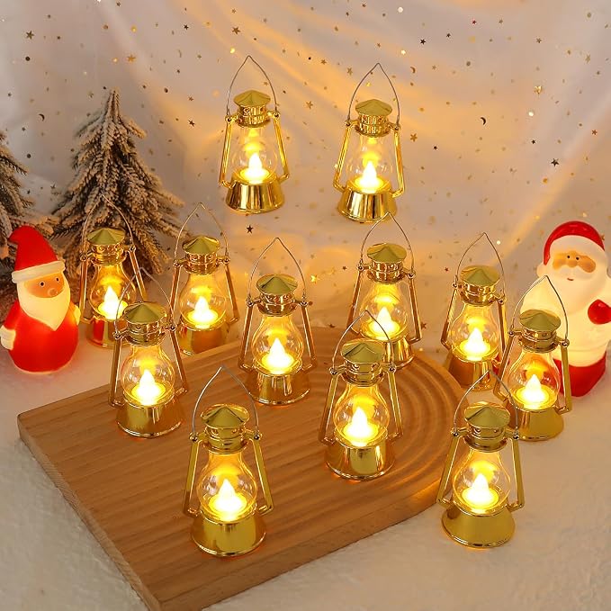 Mini Vintage Lantern Decor 12-Pcs LED Small Lanterns Indoor Decorative Outdoor Hanging Lantern Decorative Candle Lanterns Farmhouse Decor for Wedding Centerpiece,Halloween,Christmas Decorative