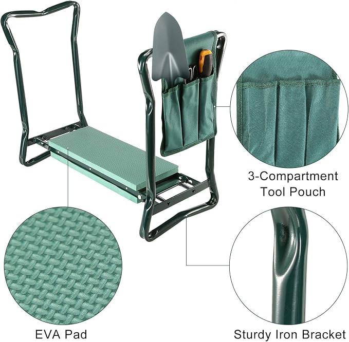 TeqHome Garden Kneeler and Seat Foldable Lightweight Garden Bench with Tool Pouch and Soft Kneeling Pad Portable Garden Stool