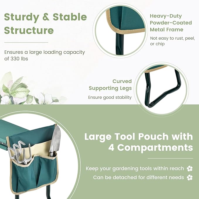 IRONMAX Garden Kneeler and Seat, Heavy Duty Foldable Gardening Bench Stool w/Soft Foam Pad & Tool Storage Bag for Kneeling & Sitting, Gardening Gifts for Women Men