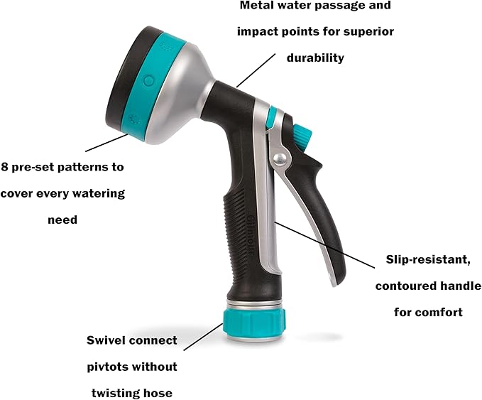 Gilmour Heavy Duty Rear Control Garden Hose Nozzle with 8 Pre-set Spray Patterns, Water Hose Nozzle for Watering Garden or Lawn