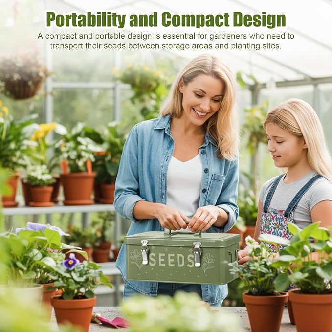 Seed Storage Organizer Box with Dividers, Large Metal Seed Packet Organizer Includes 50 Seed Envelopes, 100 Plant Labels & 50 Plant Clips, Garden Seed Storage Container