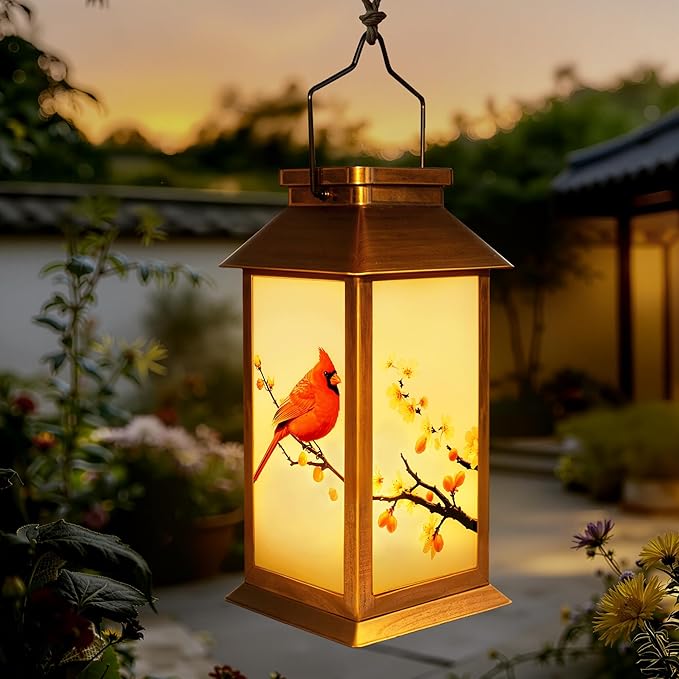 Guhope Birthday Gifts for Women Mom Grandma Men, Solar Lanterns Outdoor Waterproof Hanging Garden Decor with Cardinal Pattern Outdoor Solar Lights for Garden Lawn Yard Patio Porch (Cardinal)