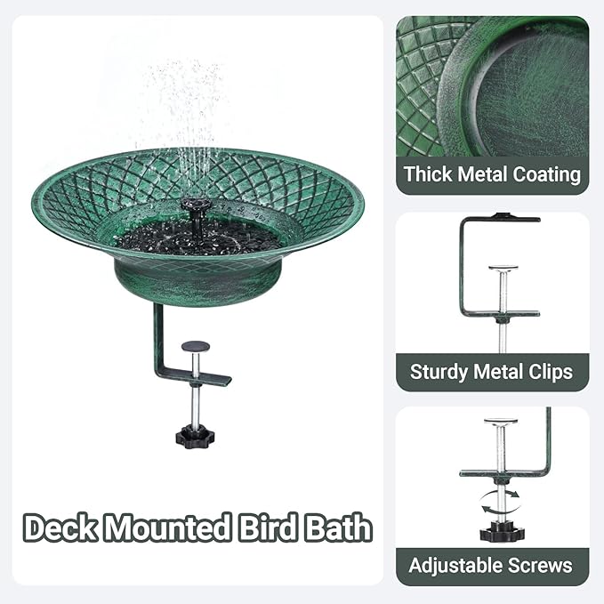 Deck Mounted Bird Bath for Outside, 12.6" Metal Solar Bird Bath with Fountain, Adjustable Railing Clamp for Balcony & Patio, Outdoor Birdbath for Garden Yard Decor