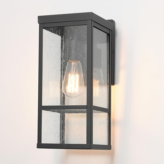Globe Electric 44802 1-Light Outdoor Wall Sconce, Matte Black, Seeded Glass Shade, Weather Resistant Exterior Wall Light, Front or Back Porch Lights, Patio Lighting, Indoor Compatible