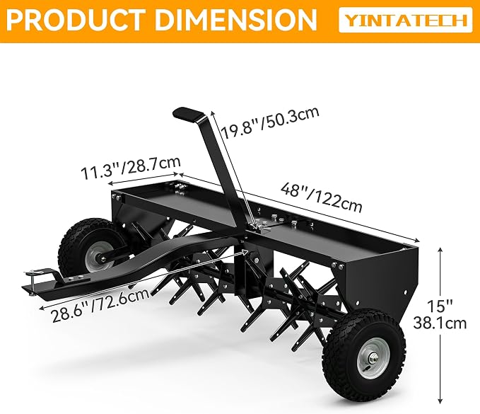 YINTATECH 48" Lawn Aerator Tow Behind, Pull Behind Plug Aerator for Lawn Tractor with Universal Hitch, 32 Galvanized Steel Tines, Tray & Inflatable Wheels, Black