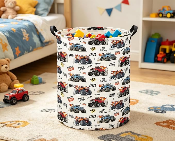 Baby Laundry Basket Kids Hamper Toy Storage Bin for Boys Room Decor Baby Nursery Hamper Gift Baskets for Bedroom Bathroom(Monster Truck)