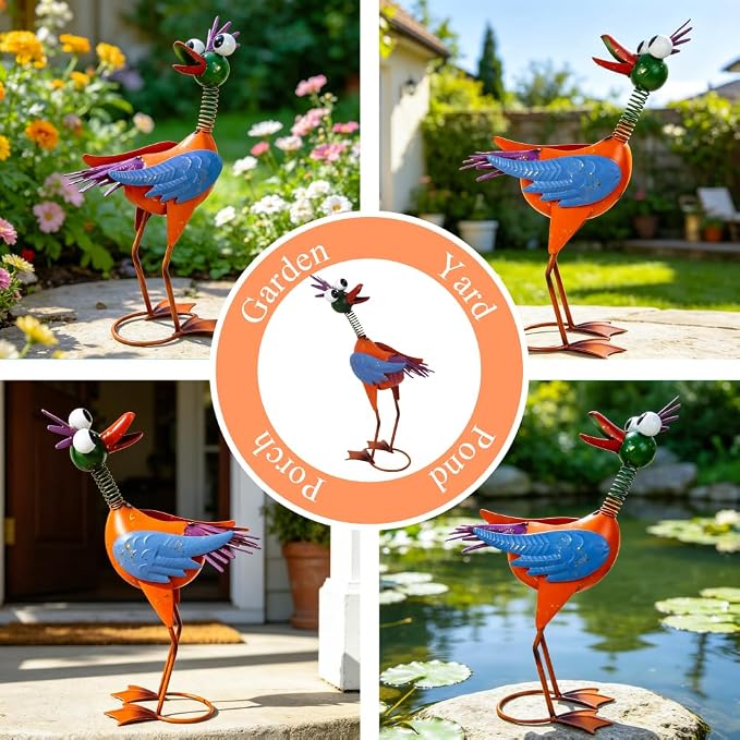 Metal Wacky Rooste Garden Statue, 16.54‘’ Rooster Decor Yard Statue Decorations Outdoor, Chicken Yard Art for Outside, Patio, Backyard, Lawn (Yellow & Blue)