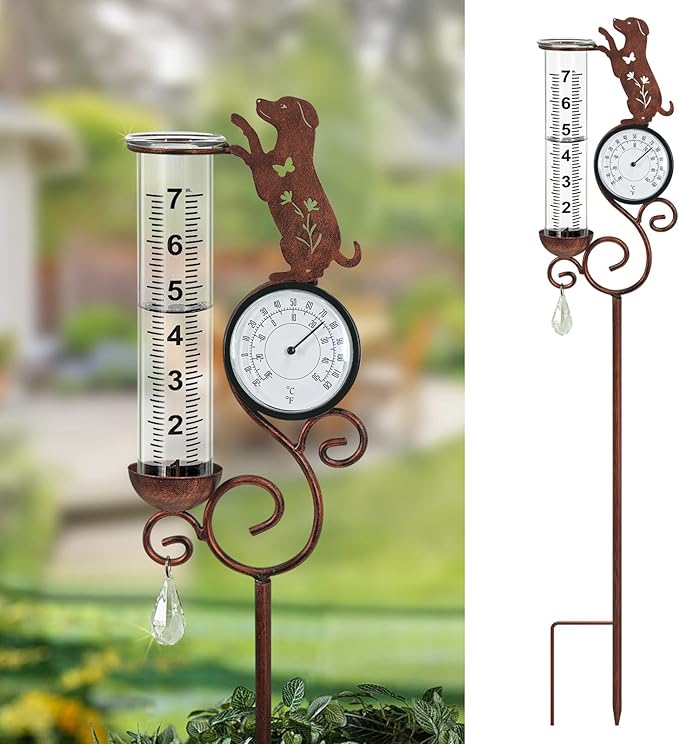 Dog Rain Gauge Outdoor,Large Number Scale Rain Gauge with Temperature & Hygrometer Metal Beagle Garden Stakes for Outside,Lawn,Yard,Patio,Farm