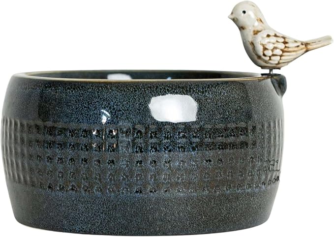 Foreside Home and Garden 8.86" Blue Porcelain Perched White Bird Natural Pebbles Fountain w/LED Lights All Seasons Spring Summer Living Room Coffee Table Kitchen Dining Dinner Table Office Bedside