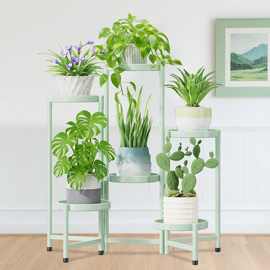 iDavosic.ly Plant Stand Indoor Outdoor, 6 Tier Corner Metal Flower Display Holder Shelf, Folding Tall Orchid Rack for Patio Balcony Porch Garden Living Room House, Light Green