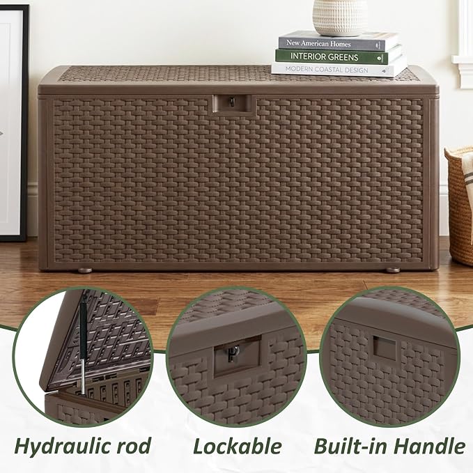 TARKARI Premium Pro Edition 180 Gallon Lockable Resin Deck Box, Waterproof & UV-Resistant Outdoor Storage Box for Outdoor Cushion Storage, Garden Tools & Pool Accessories Storage, Brown