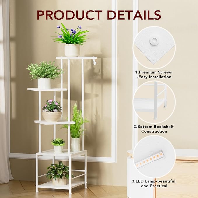 Homsorout Plant Stand Indoor with Grow Light - 5-Tier Metal Plant Shelf with Hanging Basket Hook, Corner Tall Flower Holder for Multiple Plants, Living Room Balcony Garden Patio, White