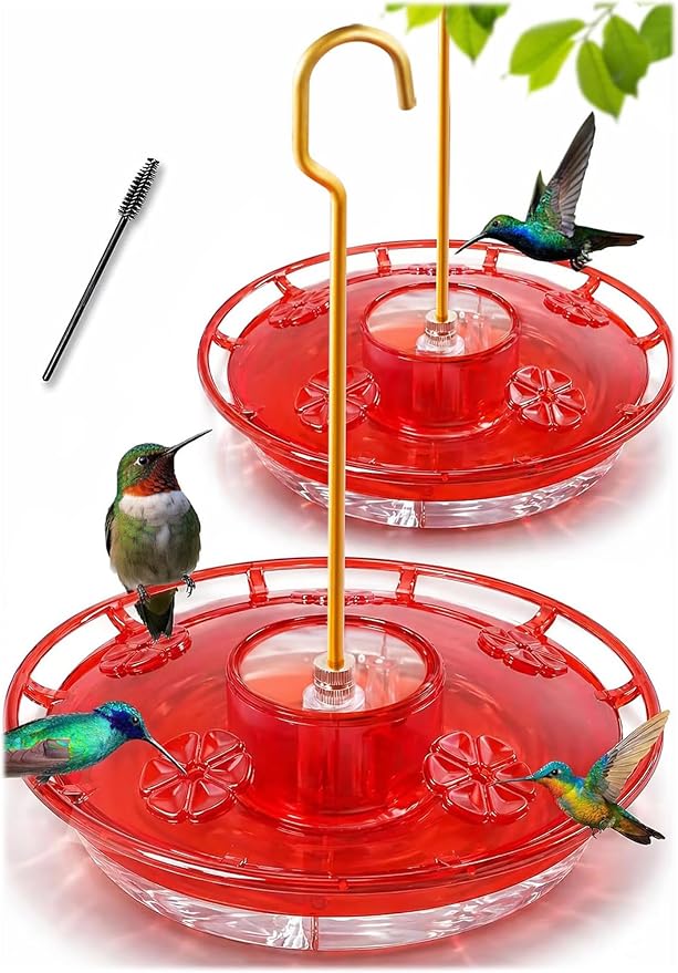 eWonLife Clear Ruby Hummingbird Feeders for Outdoors, 2 Pack 16OZ Leak Proof Saucer Humming Bird Feeder with Integrated Ant Moat, Bee Proof 5 Feeding Ports, Brush, Hanging Garden Decor for Mom