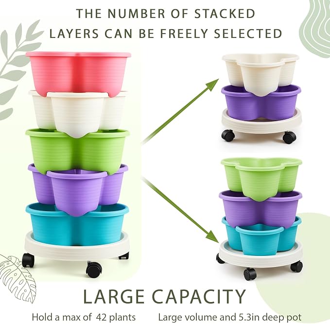 Umigy 2 Set Multicolor 5 Tier Stackable Vertical Planters with Removable Wheels and Tools Tower Planters Herb Flower Strawberry Vegetable Pots Indoor Outdoor Gardening Pots