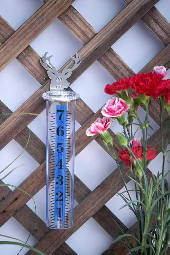 7" Rain Gauge Outdoor, Accurate Glass Tube Best Rated with Deer Shape Rack, Decorative Deer Antler Rain Measure Tool for Garden, Lawn, Patio (Style B)