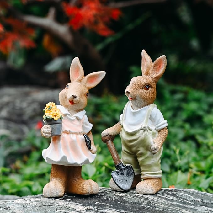 Bunny Outdoor Statues, Garden Bunnies Outdoor Decor Resin Adorable Bunny Statue for Garden Patio Yard Lucky Rabbit Statue Grandma Mom Women Dad Gifts,8.1 inch (2 Pack)