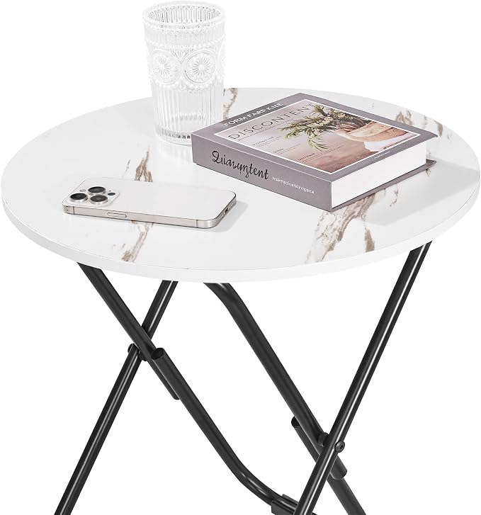 VECELO Patio Outdoor Side Table,17.7 inch Small Folding Table Round Waterproof Wood Table, Foldable Anti-Rust Metal Legs Snack Desk for Garden Balcony,Yard,Living Room
